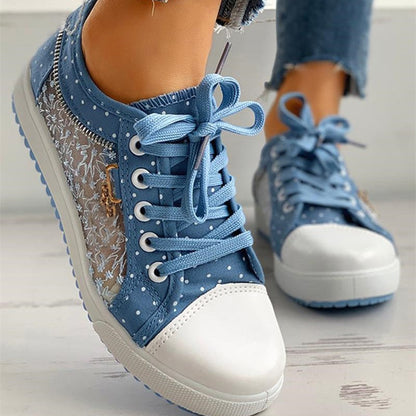 flowersverse  Summer autumn New Women's Hollow Denim Sneakers Flat Casual Sports Female Shoes Breathable Cloth Shoes Student Mesh Shoes