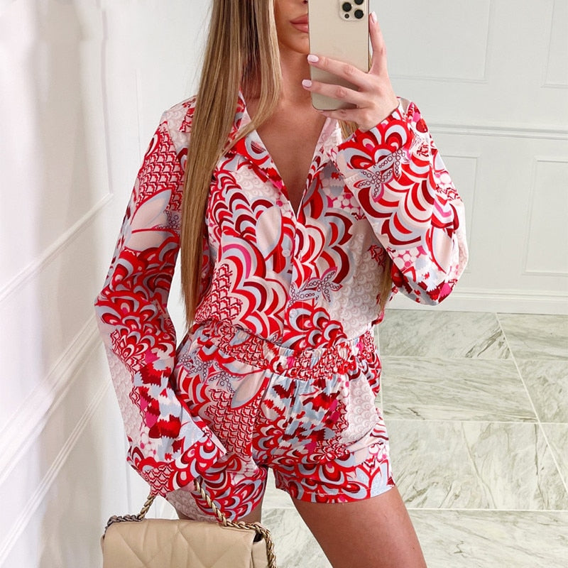 flowersverse 2Pcs Beach Styles Satin Sets Women Fashion Scenery Pattern Button-Down Shirts And Shorts  New Summer Casual Sets