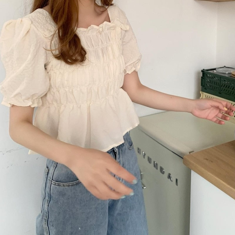 flowersverse Blouses Women Puff Short Sleeve Cropped Solid Simple Korean Style Summer Student Gentle Feminino Tops All-Match Fashion Leisure