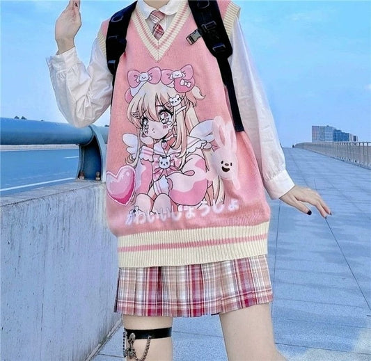 flowersverse Autumn Anime Print Sweater Vest Women Kawaii Cartoon Colorblock Knitted Tank Loose V Neck Sleeveless Sweaters Female