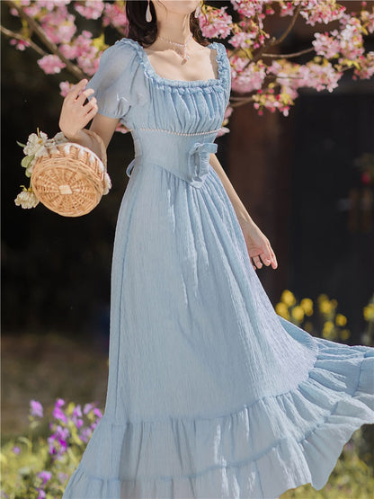 flowersverse Blue Gentle Romantic Fairy Dress Women Ruffled Square Collar Elegant High Waist Beaded Bow Sweet Cute Long Dress Summer  New