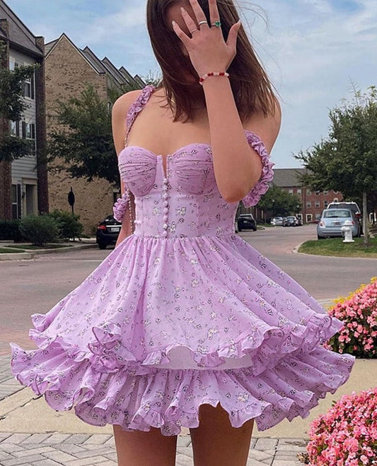 flowersverse Purple Floral Pleated Mini Dress Spaghetti Strap A-Line Ruffles Summer Dress   Off Shoulder Backless Birthday Party Dresses