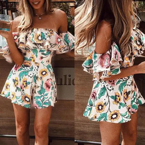 flowersverse-Womens Summer Off Shoulder Ruffle Romper Short Suspenders Jumpsuits Overall Lady Floral Printed Playsuit Beach Short Jumpsuits