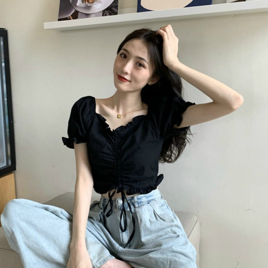 flowersverse Blouses Shirts Women V-Neck Summer Puff Sleeve Chic Korean Style Crop Top Pleated Lace-Up Sweet Slender All-Match Ins Womens New