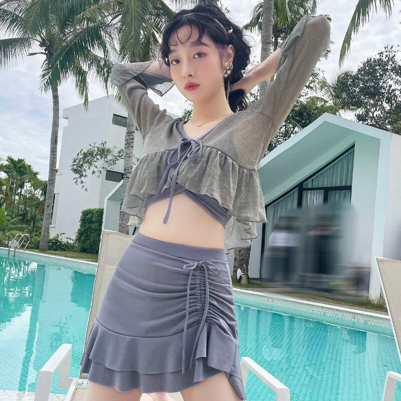 flowersverse 3 Piece Bikini Set Korean  Cute Swimsuit Women Underwire Ruffle A-Line Skirt High Waist Bikini Cover Up See Through Bikinis