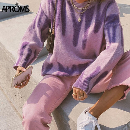 flowersverse Aproms Korean Fashion Khaki Stripes Print Loose Sweaters Women Winter Hip-Pop Oversized Long Pullovers Streetwear Outerwear  K23