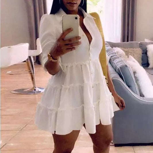 flowersverse Solid Ruffles Shirt Dress Women Streetwear Half Sleeve Buttons Up High Waist Mini Dress Summer Casual Party Dresses