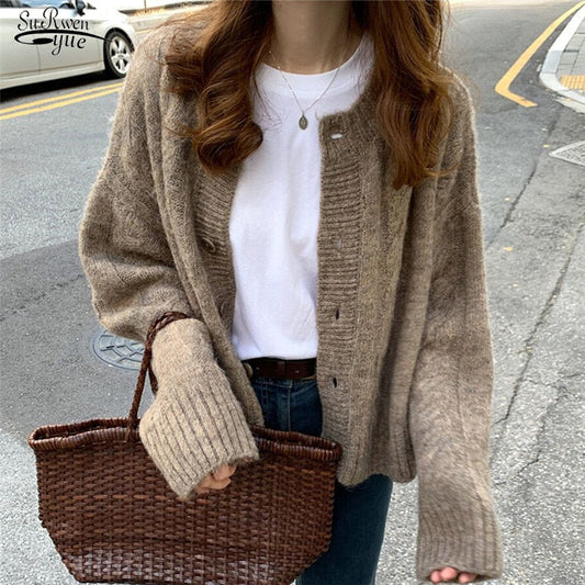 flowersverse Autumn Elegant Warm Sweater Cardigan Fashion Loose Thick V-neck Knitted Sweater Gentle Vintage Winter Clothes Women Tops 16053