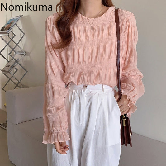 flowersverse Blusas Mujer Autumn New Korean Shirt O Neck Long Sleeve Elegant Blouse Women Solid Color Casual Fashion Tops 3c798