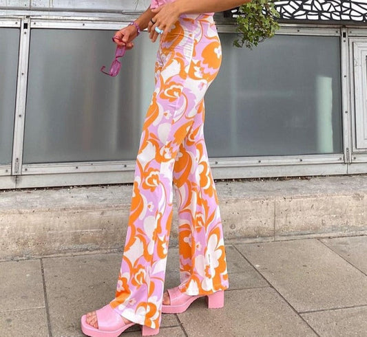 flowersverse Bohemian Style Floral Pants Holiday Slim High Waisted Trousers Vintage Elastic Waist Wide Lege Pants Women  Harajuku-0519