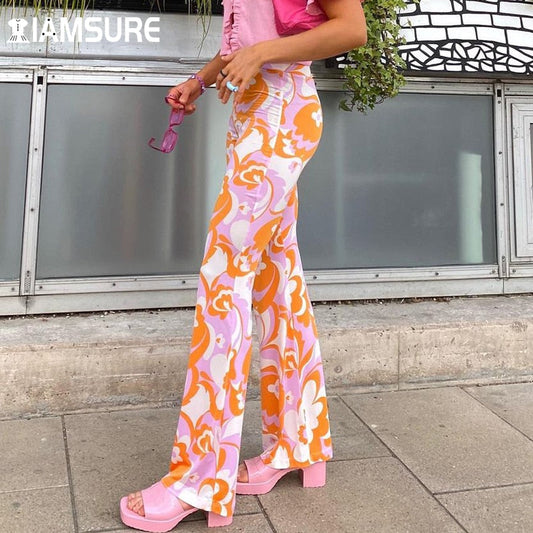 flowersverse Bohemian Style Floral Pants Holiday Slim High Waisted Trousers Vintage Elastic Waist Wide Lege Pants Women  Harajuku-0505