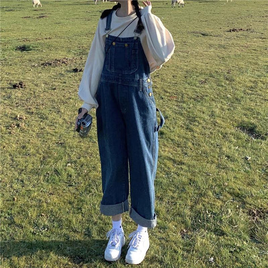 flowersverse Baggy Denim Jumpsuit Women Autumn New Loose Jean Overalls Female Korean High Waist Straight Leg Trousers