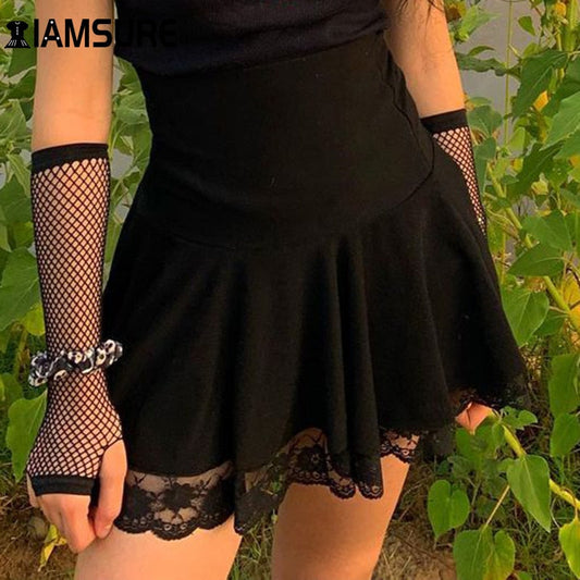 flowersverse Basic Versatile Stretchy High-waisted Lace Stitching Short Skirt Casual Vintage Harajuku Women  Black Mini Skirt