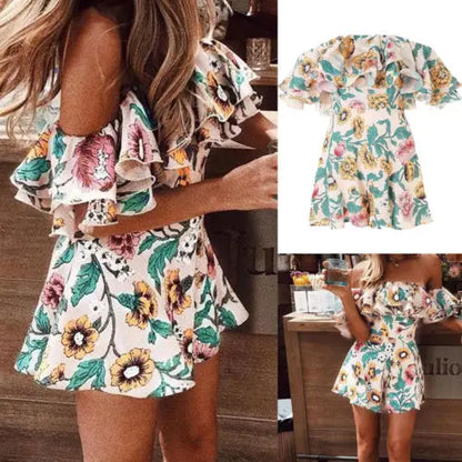 flowersverse-Womens Summer Off Shoulder Ruffle Romper Short Suspenders Jumpsuits Overall Lady Floral Printed Playsuit Beach Short Jumpsuits