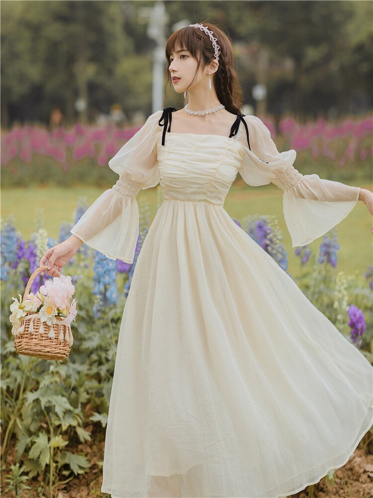 flowersverse Back to school outfit Cottage Style Chiffon Fairy Dress Women Summer Vintage Square Collar Flare Sleeve Sweet Princess Dresses For Holiday Party Night