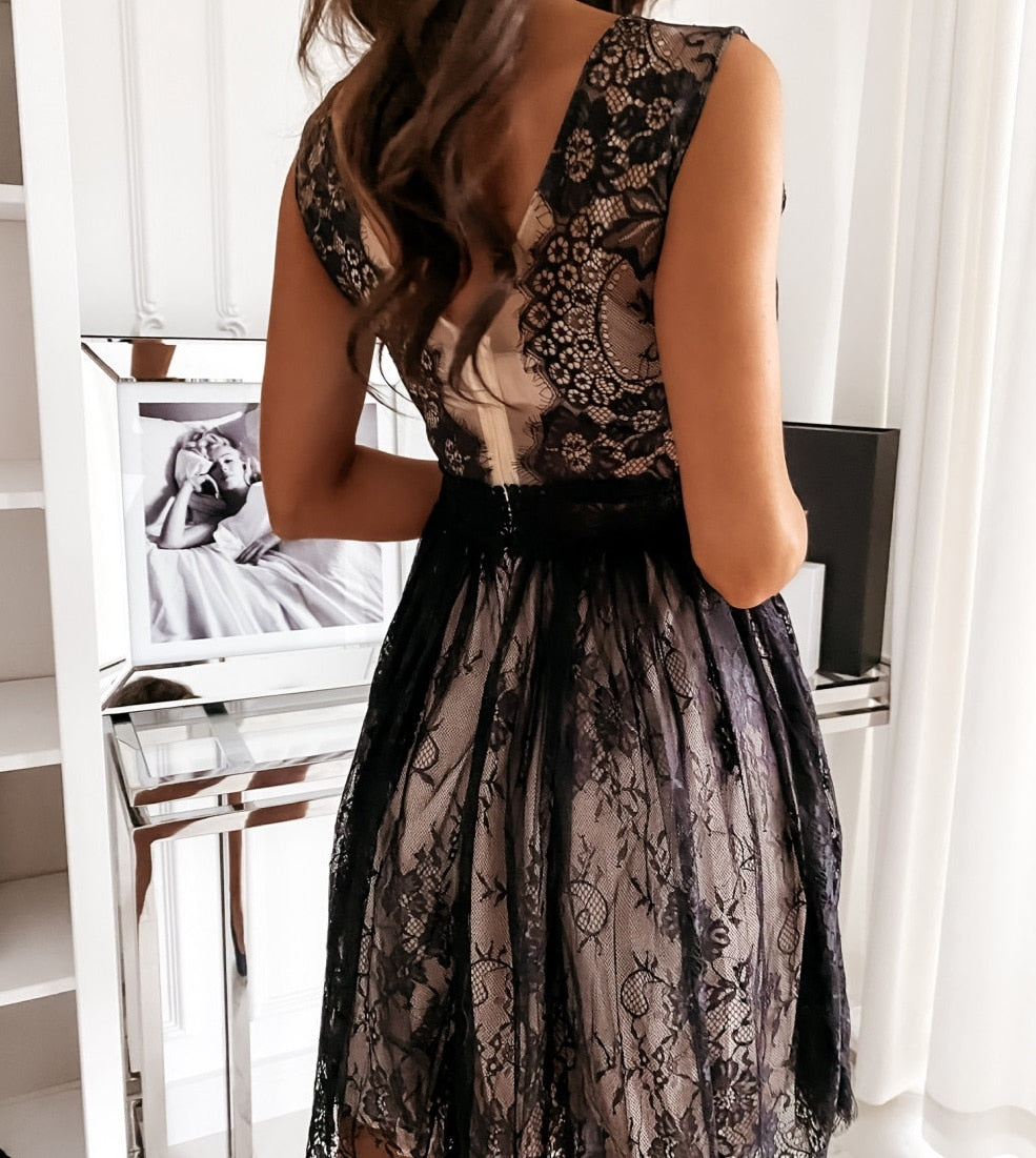 flowersverse Hirigin Elegant Lace Patchwork Dress For Women Sleeveless High Waist Short Mini Dresses Female Party Night Club Women Dresses