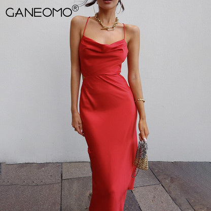 Satin Midi Dresses for Women Elegant Ruched Party Evening Bodycon Slip Long Dress   Summer Spaghetti Strap Club Outfits