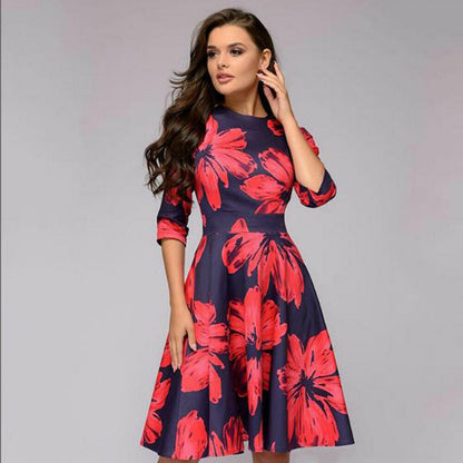 flowersverse Vintage Pleated Tunic Print Dress Women Elegant Ladies A Line Dresses Long Sleeve Female Autumn Mixi Party Dress Vestidos
