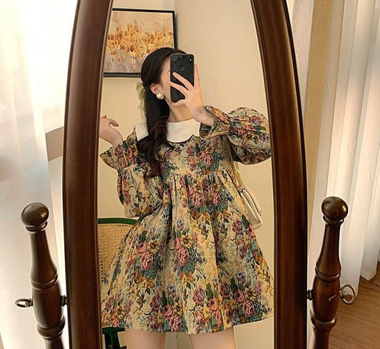flowersverse Back to school outfit Fugitive Princess Dress  Spring Japanese Gentle Art Print Design Western Style High-Waist Slimming A-Type Vestidos