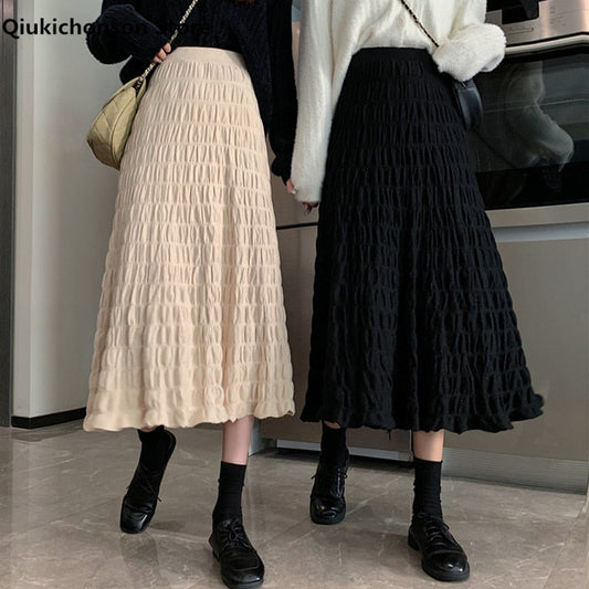 flowersverse Autumn Winter Wrinkled Black Pleated Skirt Women  Korean Style Casual High Waisted A-Line Knitted Skirts Long falda plisada