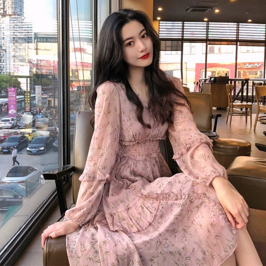 flowersverse Bella Philosophy Clothing Dresses Vestidos Print Korean Style Fashion New Long Sleeve Autumn Chiffon Pink Women