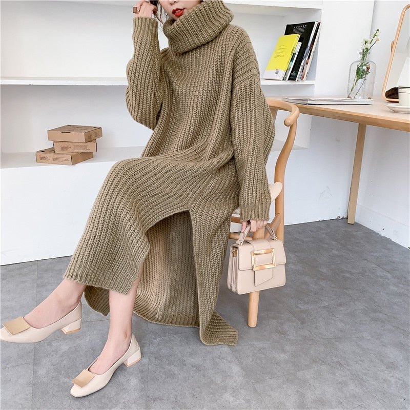 flowersverse Autumn Winter Thick Long Sweater Dress Women Side Slit Turtleneck Low-high Design Over Knee Plus Size Knitted Dress