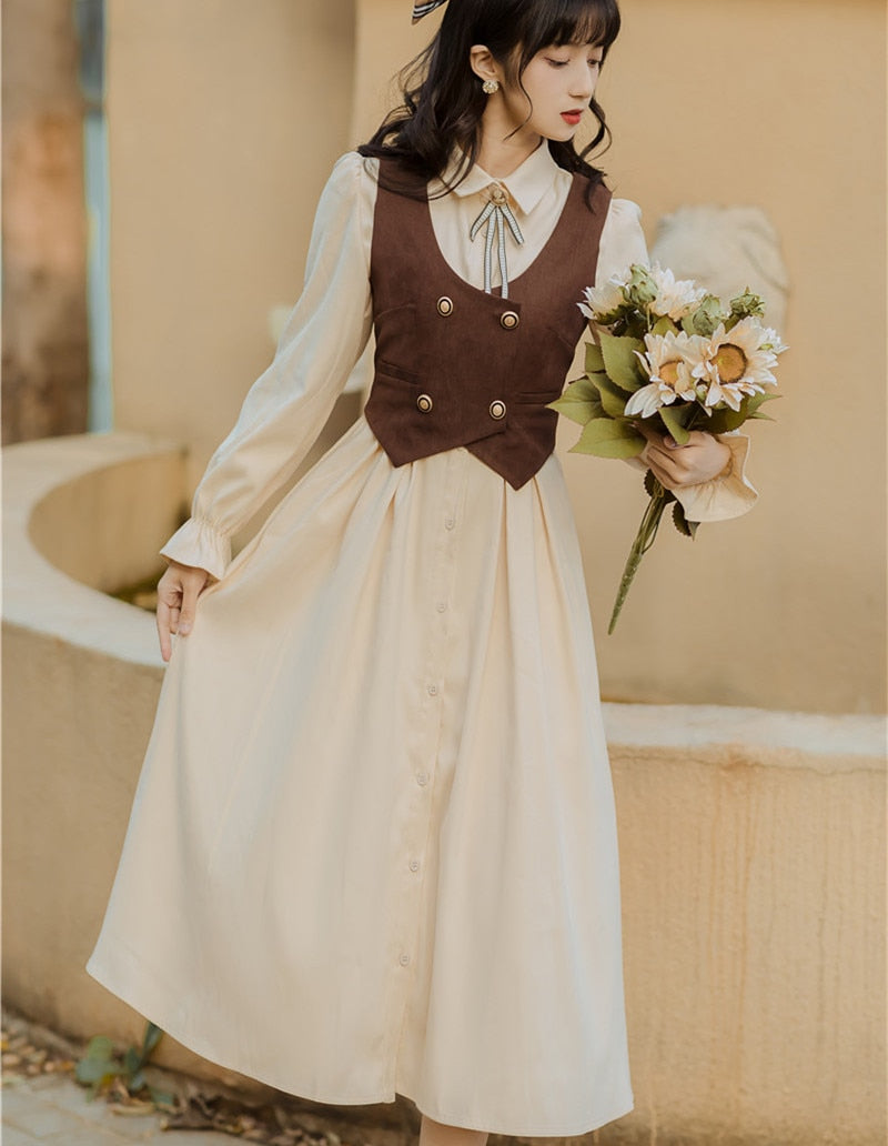 flowersverse Back to school outfit Retro European Style Cow Girl Outfit Cottagecore Long Sleeve Casual Vintage Women Midi Dresses Mori Girl Vestido Mujer