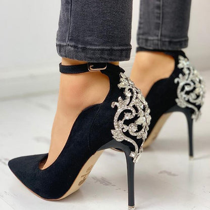 flowersverse Back to College Fashion 10CM High Heels Pumps Women Luxury Design Pumps Pointed Toe Heels Metal Crystal Shoes