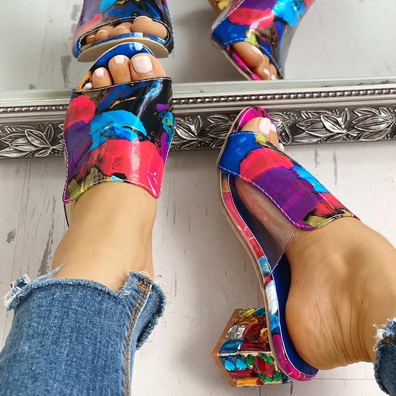 Summer Women Slipper Crystal Peep Toe Print Bohemian Casual Shoes Beach Sandals Ladies Shoes Platform Mules Sandalias De Mujer