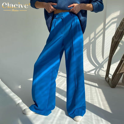 flowersverse Blue Office Women'S Pants  Fashion Loose Full Length Ladies Trousers Casual High Waist Wide Pants For Women