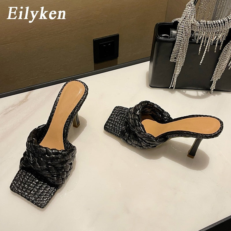 flowersverse  New Summer Design Weave Square Toe Heels High Quality Slippers Gladiator Beach Womens Sandal Slides Shoes