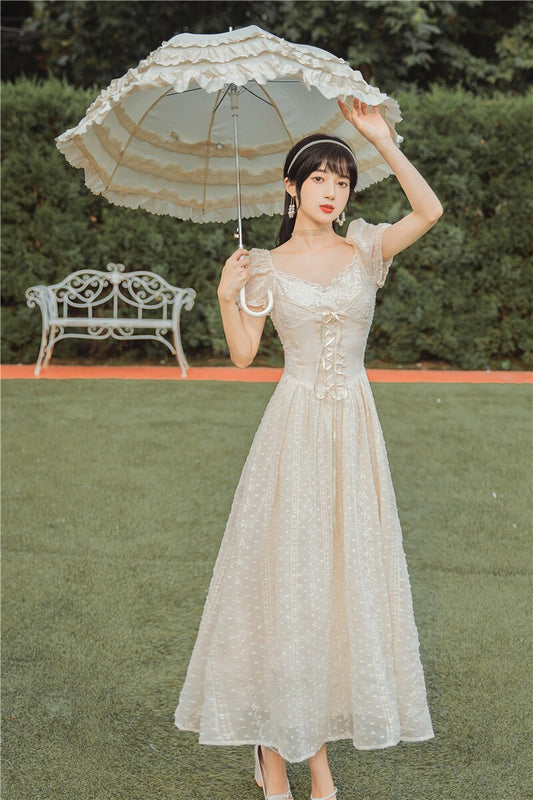 flowersverse Back to school outfit Cottage Vintage Woman Chiffon Dress For Slim Lady Summer Retro Puff Sleeve Bandage Royal Princess Dresses Vestido Festa