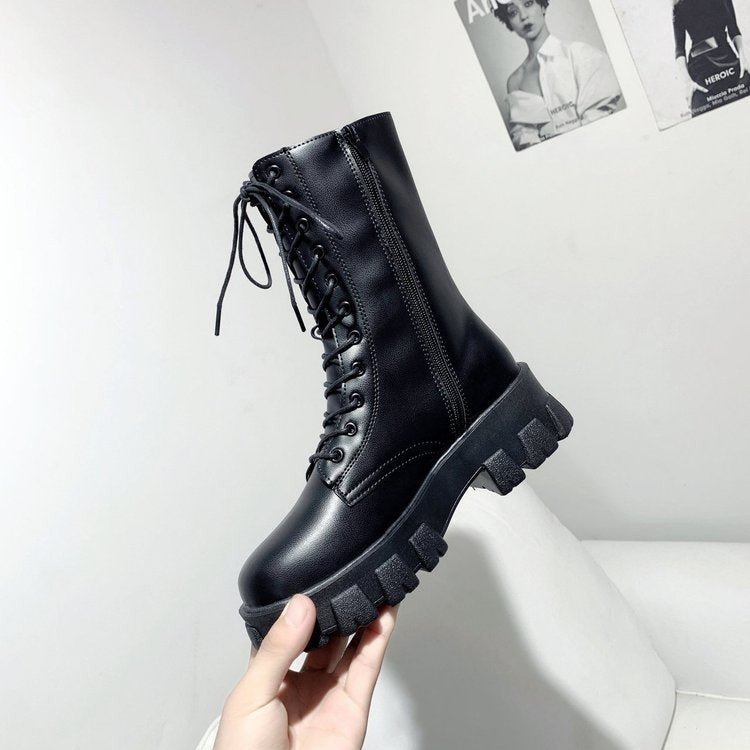 flowersverse Spring Women White Boots Autumn Fashion Black Leather Platform Gothic Boots Punk Combat Mid-Calf Boots for Women