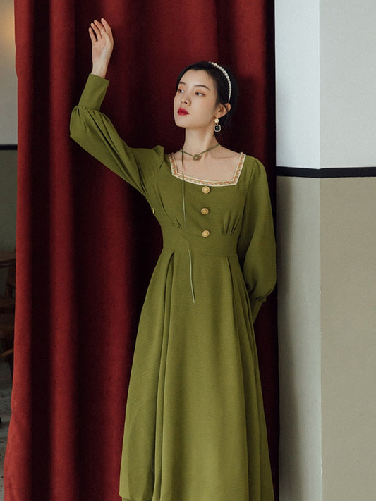flowersverse Back to school outfit Gorgeous Green Dress For Elegant Lady Koran Fashion Embroidery Square Collar Lantern Sleeve Vintage Pirncess Dresses Vestido