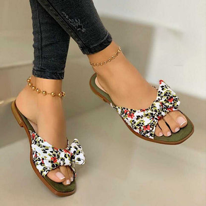 Women Summer Bow slippers Flats Shoes Woman Bohemia Beads Flowers Cross Lace Sandalias Mujer Sapato Feminino D604