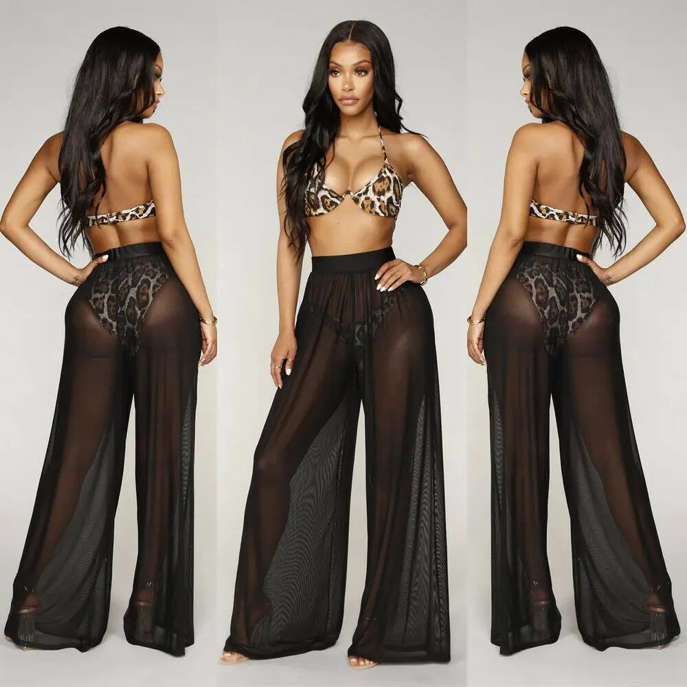 flowersverse-Hot Sale Sexy Women Long Mesh Sheer Pants Beachwear See-Through High Wasit Swimsuit Trunks Loose Pant Wide Leg Trousers