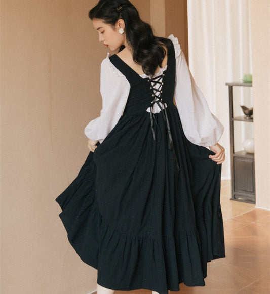 flowersverse Back to school Cottage Style Bandage Black Dress Vintage Lantern Sleeve Square Collar Ruffles Princess Dresses Retro Vestido Negro Robe Noir