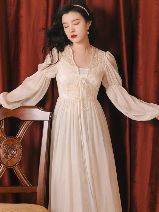 flowersverse Back to school outfit Romantic Lace Fairy Outfits Woman Vintage French Style Puff Sleeve Apricot Cardigan & Soft Camisole Dress Princess 2 Piece Set