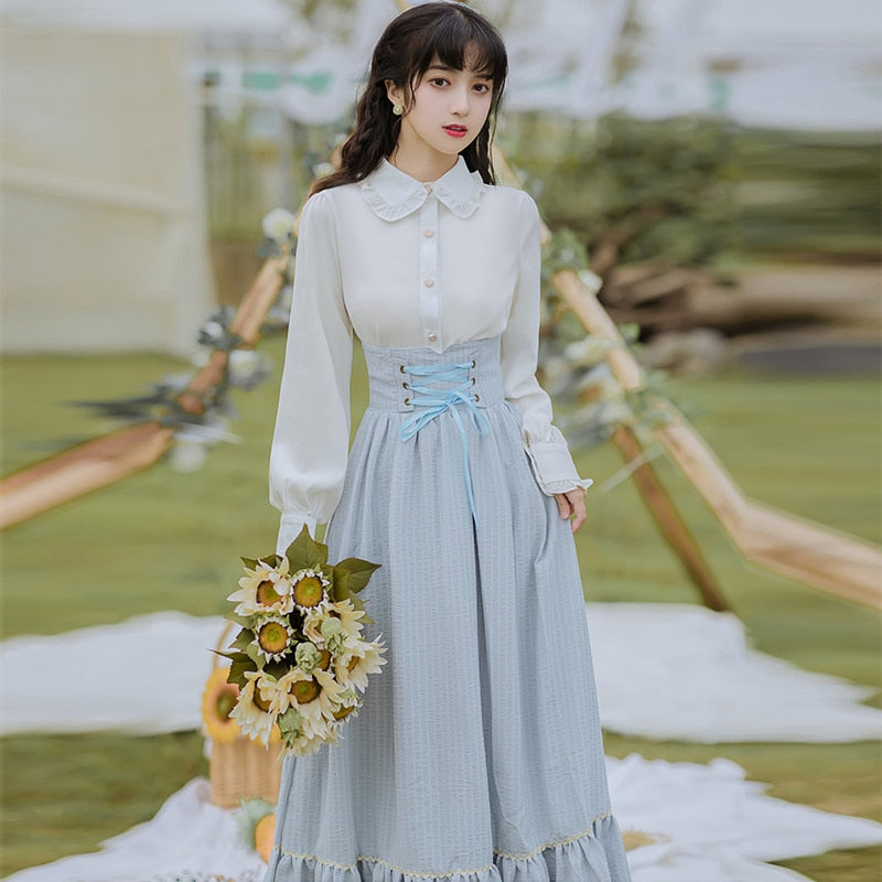 flowersverse Back to school outfit  Elegant Lolita 2 Piece Sets Womens Outfits Vintage Peter Pan Collar Lantern Sleeve White Shirt And Bandage Stripe Long Skirt