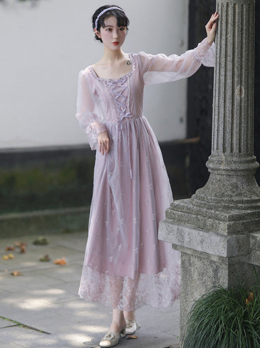 flowersverse Autumn Dress Purple Party Dresses Embroidered Lace Square Collar French Romantic Fairy Dresses Flared Sleeve Sweet Vestido Midi
