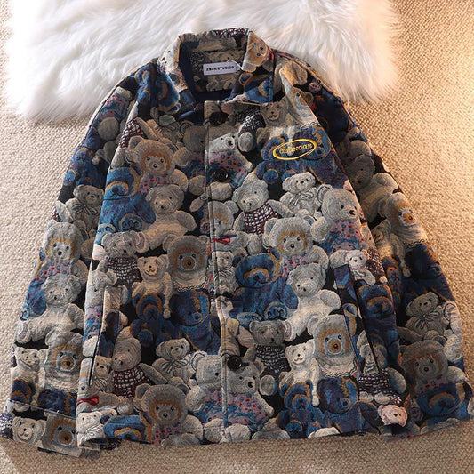 flowersverse Bear Print Y2k Jacket Women Spring Autumn Loose Design POLO Collar Couple Baseball Jackets Female  New