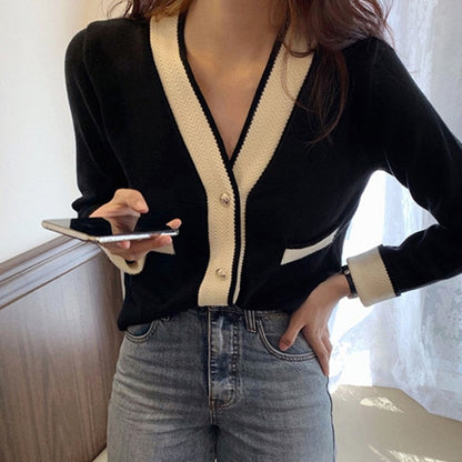 flowersverse Autumn All-Match V-Neck Sweater Jackets Women Korean Style Jumpers Knitted Cardigan Long Sleeve Short Knit Coat