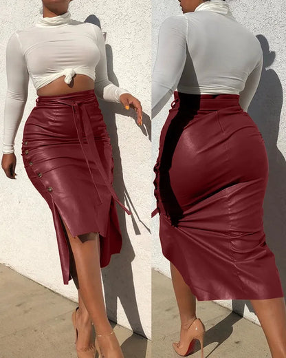 flowersverse-Women Trendy PU Leather Midi Skirt Solid Color High Waist Lace-Up Side Button Ladies Slim Skinny Pencil Skirt Streetwear