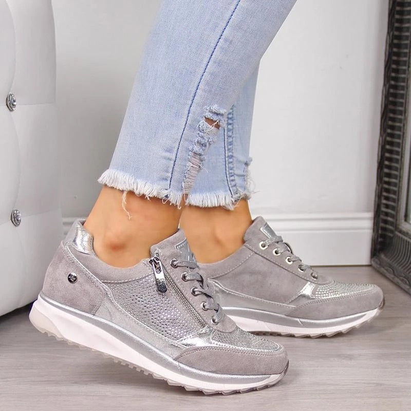 flowersverse Women Casual Shoes New Fashion Wedge  Flat Shoes Zipper Lace Up Comfortable Ladies Sneakers Female Vulcanized Shoes