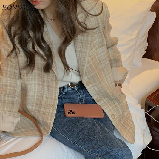 flowersverse Blends Women Classic Retro Plaid Outer Wear Tender All Match College Ladies Fashion French Warm Long Sleeve Casual Elegant Ins