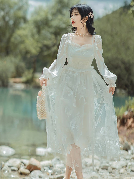 flowersverse Back to school outfit Style Butterfly White Fairy Dress Woman Vintage Straps Slash Neck Long Design Beach Dresses Vestido Blanco Robe Plage