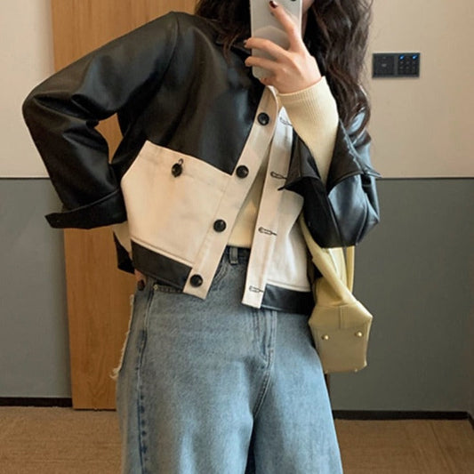 flowersverse Autumn Korean Fashion Leather Jackets Women Patchwork Loose Casual Short Coat Female High Street Winter Warm Jacket Ladies