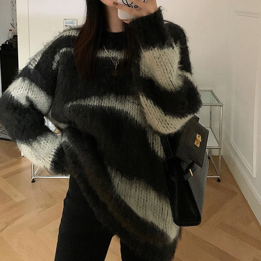 flowersverse Autumn Winter  Woman Sweaters Vintage Fashion Streetwear Pullovers Long Sleeve O-Neck Knitted Loose Long Jumpers