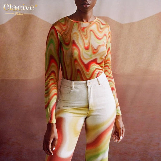 flowersverse Bodycon Printed O Neck Ladies Tshirt Fashion Y2k Stripe Long Sleeve Women Tshirt Casual Slim Knitited Female Tops Summer