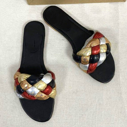 Summer Women's Sandals Shoes Flat Woman Slides Outdoor Beach Party Shoes Color Weave Female Slippers Large Size 37-41